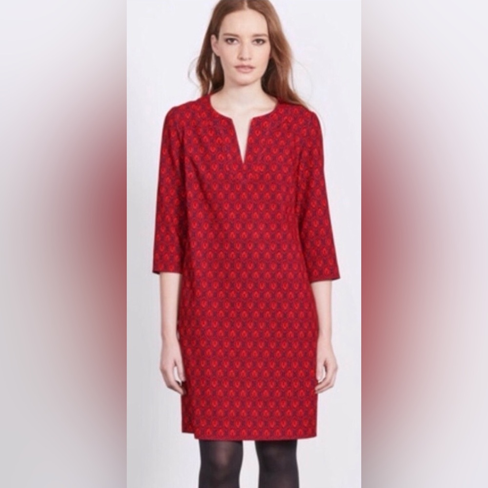 Boden Easy Notch Mini Tunic Shift Dress Red Burgundy Leaf Print Sz 8 R